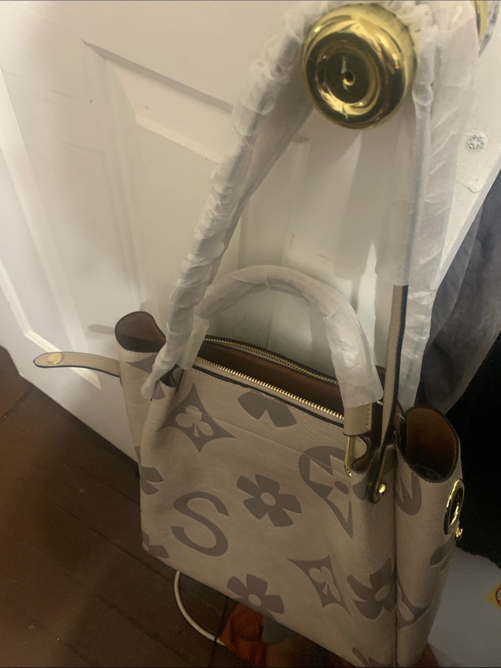 Beige Floral Monogram Tote Bag with Gold Hardware